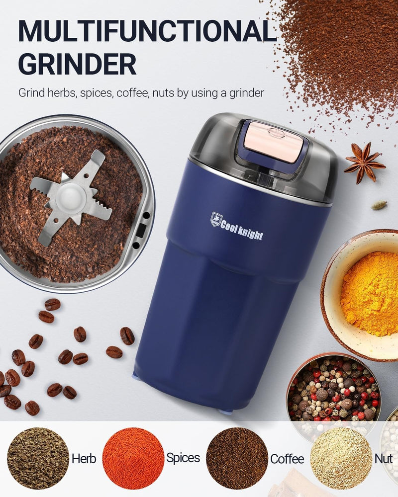 Coffee Grinder, COOL KNIGHT Electric Coffee Grinder, Spice Grinder, Herb Grinder, 300W One Key Electric Coffee Grinder with 304 Stainless Steel Blade, Suitable for Coffee Beans, Spices, Herbs