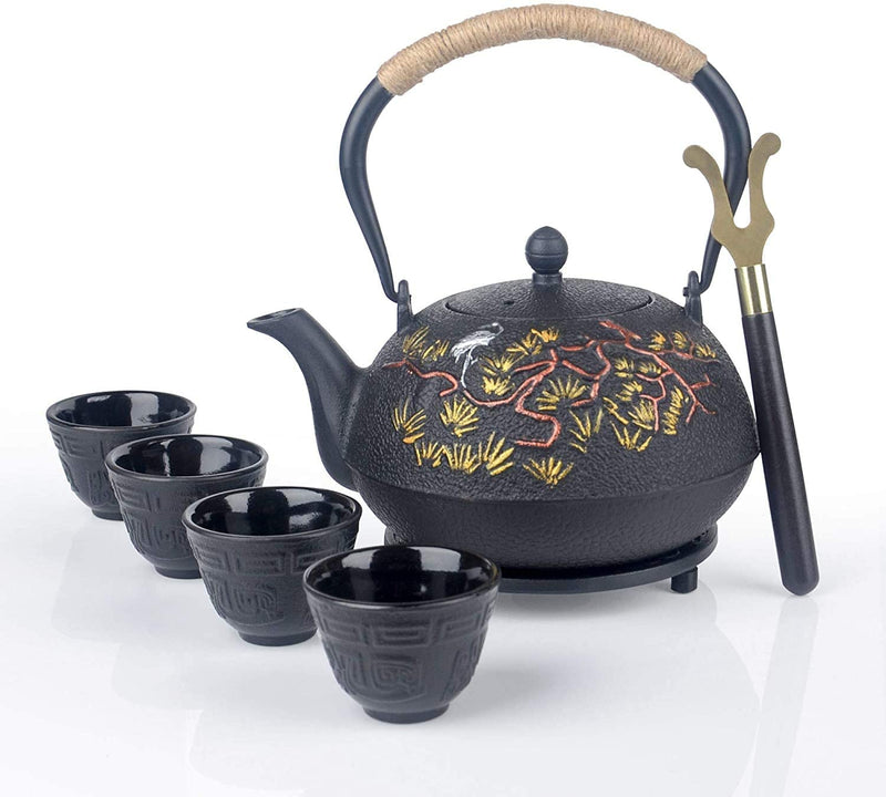 6-piece Japanese Cast Iron Pot Tea Set Black w/Trivet (40 oz)