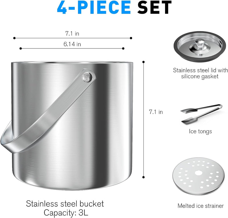 Ice Bucket 3L with Silicone Lid, Strainer, Tongs, Double Wall Insulated Stainless Steel Ice Bucket Wine Bucket for Cocktail Bar and Parties