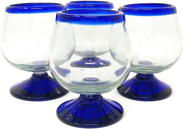 Mexican Hand Blown Glass – Set of 4 Hand Blown Cognac Snifter Glasses - Cobalt Blue Rim