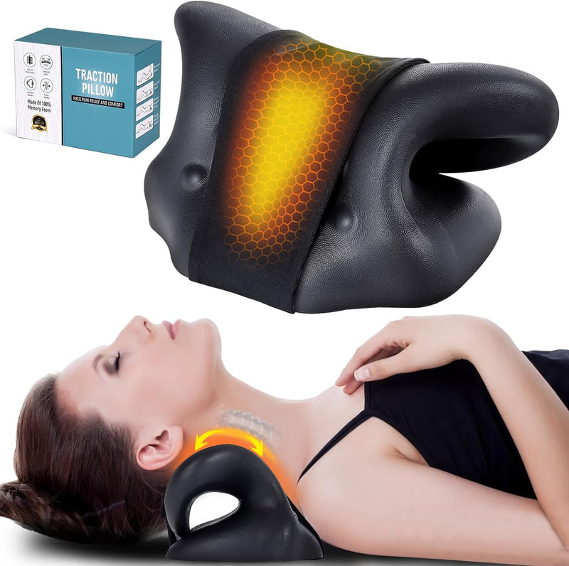 Neck Stretcher Neck Pain Relief Heated Cervical Traction Device Pillow with Graphene Heating Pad Neck Massager Neck Hump Corrector for TMJ Pain Relief and Spine Alignment