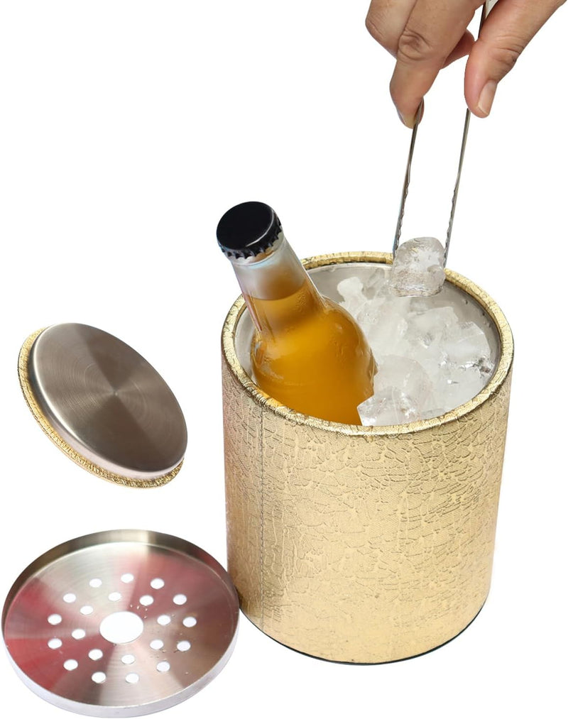 YOMQLJXB Ice Buckets for Parties/Champagne Bucket,Stainless Steel Double Walled Ice Bucket with Tongs & Seal Lid(1.3L) for Bar,Wine,Kitchen,Home, Coolers,Drinks (Gold)