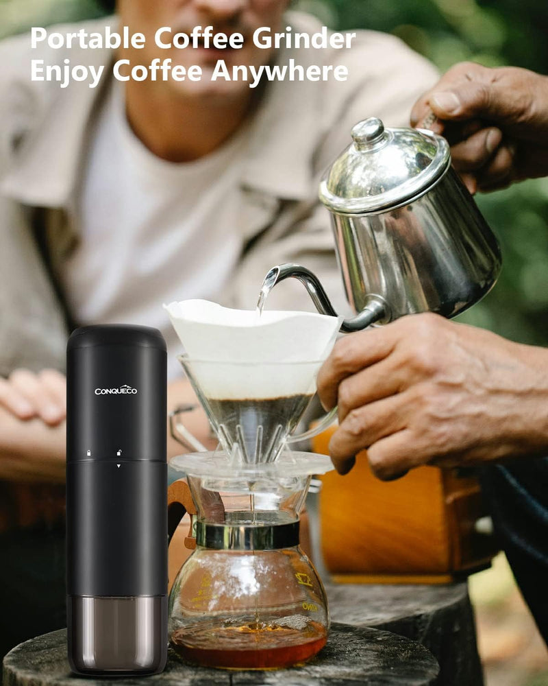 Portable Electric Burr Coffee Grinder: CONQUECO Small Coffee Bean Grinding Machine - Rechargeable Stainless Conical Burr Grinders with Multiple Grind Settings, 20g (with Brush)