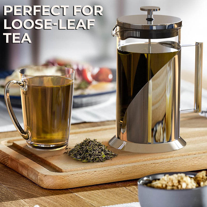The Original Glass French Press Coffee Maker - Versatile Coffee Press, Tea Press w/ 4 Level Filtration, BPA Free French Press Stainless Steel Coffee Maker by Cafe Du Chateau (34oz)