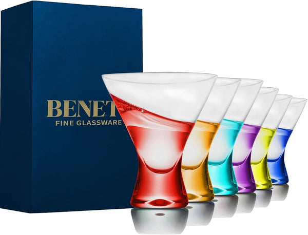 BENETI Martini Glasses Set of 6 | Made in Europe | 8oz Colored Stemless Cocktail Bar Glasses Set for Parties | Great Christmas Gift Idea for Men & Women for All Holidays or Birthdays