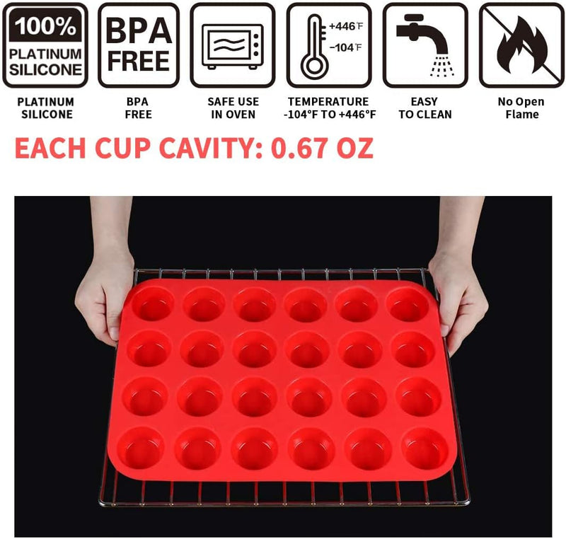 Mini Muffin &Cupcake Set, 24 Cups 2-Pieces, Nonstick Silicone Baking Pan, BPA Free and Dishwasher Safe, Great for Making Muffin Cakes, Tart, Bread (24 Cups Red,2 PCS)