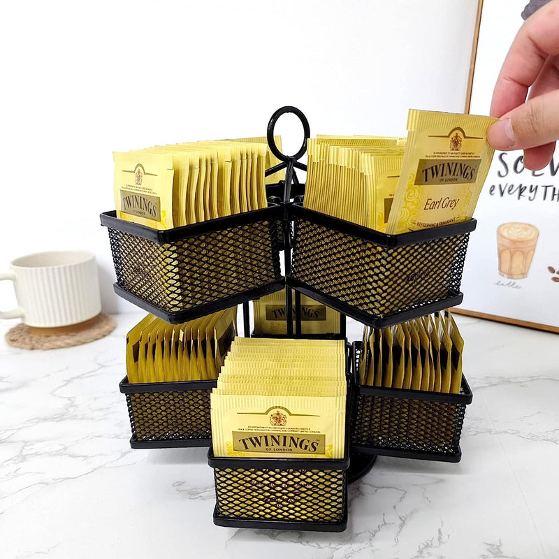 ST-BEST-P Tea Bag Organizer Coffee Holder Storage Spinning Carousel Basket Black Adjustable Tea Caddy For Kitchen Counter, Tea Bags,Countertop,Cabinet