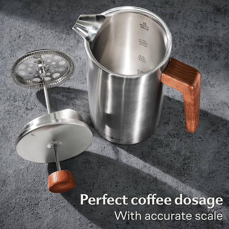 French Press Coffee Maker 34 oz - Made of Stainless Steel & Sustainable Oak Wood - Double-Walled Insulated - 2 Additional Filters - For 5 Cups