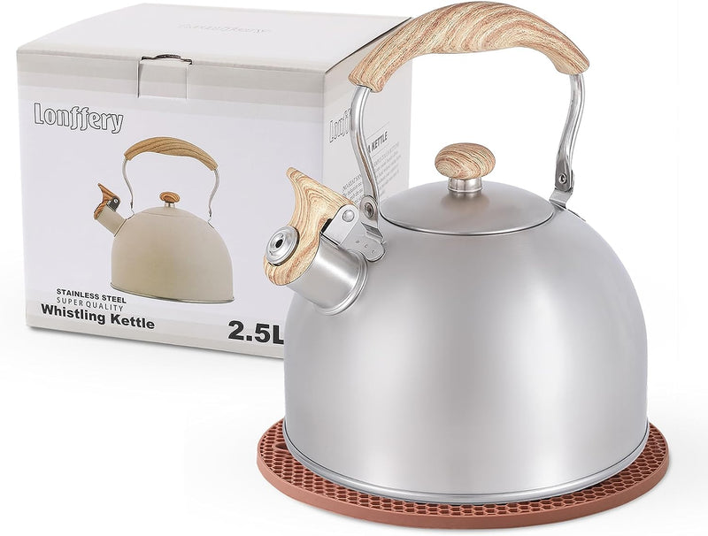 LONFFERY Tea Kettle, 2.5 Quart Whistling Tea Kettle, Tea Pots for Stove Top Food Grade Stainless Steel with Wood Pattern Folding Handle - Red