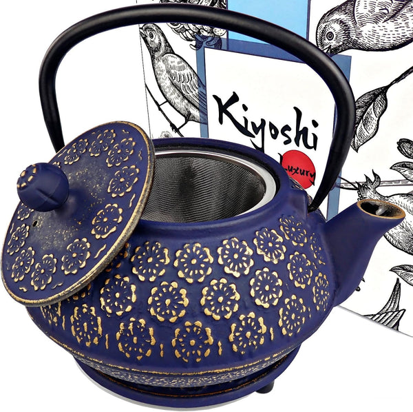 3 Piece Set Cast Iron Teapot with Trivet and Loose Leaf Tea Infuser, Large Capacity 34Oz - 1000ml, Cast Iron Tea Kettle Stovetop Safe. Coated with Enamel Interior - Midnight Blue Teapot