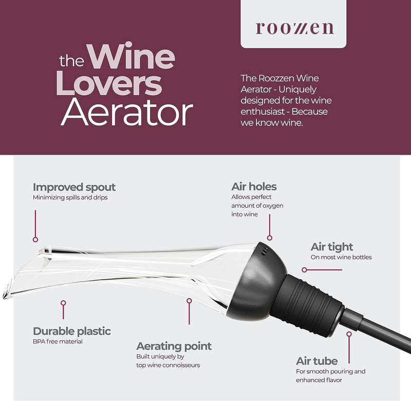 Roozzen Wine Aerator Pourer Spout, FITS ALL BOTTLES – MESS FREE Aerator Wine Pourer, Perfect Wine Accessories Gift, Superior Flavor Enhancing Wine Air Aerator Pourer.