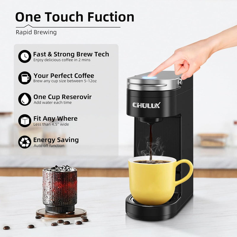 CHULUX Single Serve Coffee Maker for K-Cup Pods & Ground Coffee, 2-in-1 Slim One Cup Coffee Machine with 5 to 12oz Brew in Minutes, Fits 7.3" Travel Mugs