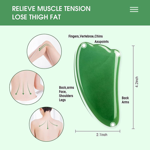 Gua Sha Massage Facial Tool Set,Guasha Massager Kit for Face and Body,Scraping Massage Board 4-piece Set Physical Therapy,Gua-sha Jade Stone also be Used on the Chin ,face,Neck and Back. (green)