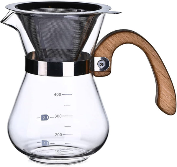 KATKAF Wooden Handle Pour Over Coffee Maker - with Double-layer Paper-free Stainless Steel Filter - Hand Coffee Dripper Brewer Pot - 13.5 Ounce/ 400 ml