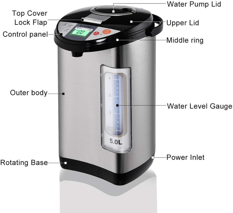 KOTEK Electric Hot Water Boiler and Warmer, Hot Water Dispenser, Stainless Steel Water Boiler w/5 Stage Temperature Settings, Safety Lock, Electric Hot Water Pot, 5-Liter