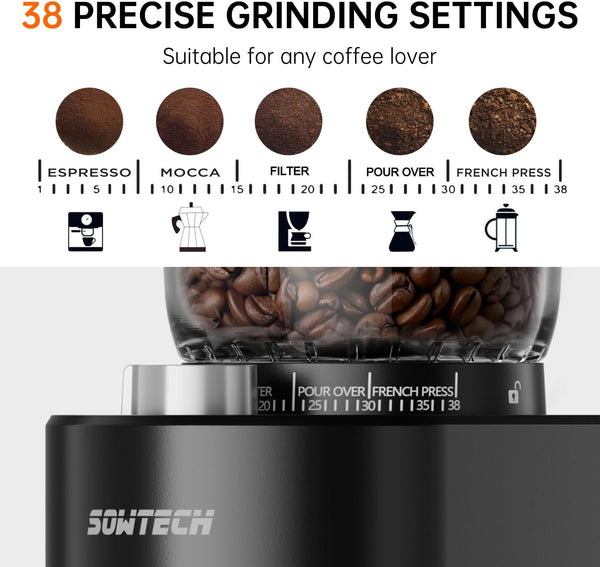 SOWTECH Anti-static Conical Burr Coffee Grinder, Adjustable Burr Mill with 38 Precise Grind Setting, precision timer, for Espresso/Drip/Pour Over/Cold Brew/French Press Coffee Maker(Black)