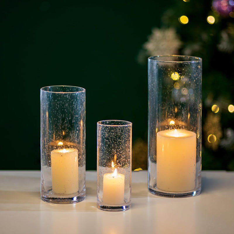 Glasseam Hurricane Candle Holder Set of 3, Clear Glass Candle Holders for Pillar Candles, Modern Cylinder Vases for Centerpieces, Floating Candle Vases for Centerpieces Wedding Decor, 4''+ 6''+ 8''