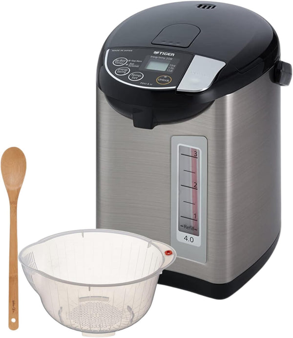 Tiger PDU-A40U Electric Water Boiler and Warmer (135 oz, Black) Bundle with Rice Washing Bowl and Bamboo Spoon (3 Items)