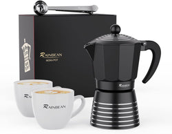 RAINBEAN Stovetop Espresso Maker 6 CUP, 12 OZ / 350ML Aluminum Moka Pot Gift Set for Christmas, Italian Cuban Greca Coffee Maker Easy to Use & Clean, Black Espresso Percolator Aluminum Durable, with Two 8oz Ceramic Coffee Cup & Stainless Spoon