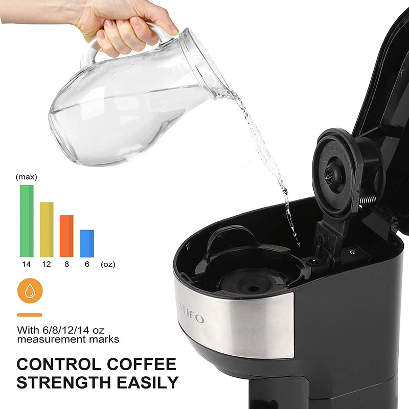 LITIFO Single Serve Coffee Maker for Ground coffee, Tea & K Cup Pod, 2-In-1 Small Coffee Machine with 6 to 14oz Reservoir, One-Button Fast Brew, Auto Shut-off & Self Cleaning Function (Black)