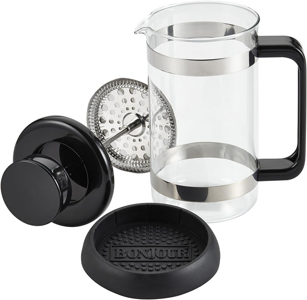 BonJour Coffee Borosilicate Glass French Press with Coaster & Scoop, 33.8-Ounce, Riviera, Black