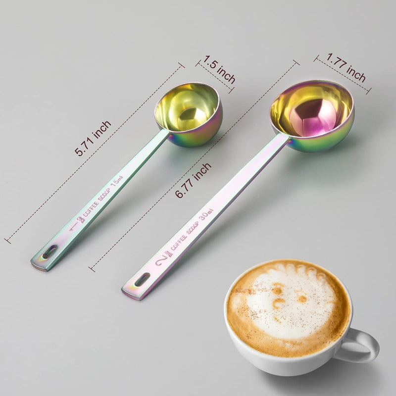 Premium coffee scoop set, set of 2, Metal stainless steel long handle coffee scoop, measuring coffee spoons contains 1 tablespoon (15 ml) and 2 tablespoons (30 ml) multicolor spoon.