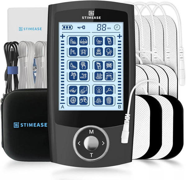 TENS EMS Unit Muscle Stimulator, 24 Modes, Dual Channel, Rechargeable Pulse Massager for Back, Neck, Muscle Pain Relief. with 12 Electrode Pads, ABS Pads Holder, USB Cable, and TENS Unit Case (Black)