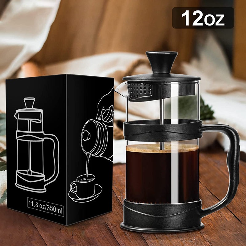 PARACITY French Press Coffee/Tea Maker, Camping Mini Coffee/Tea Press of 304 Stainless Steel Filter and Heat Resistant Glass, Cold Brew Coffee Maker 12OZ for Travel& Home Gift(Black)