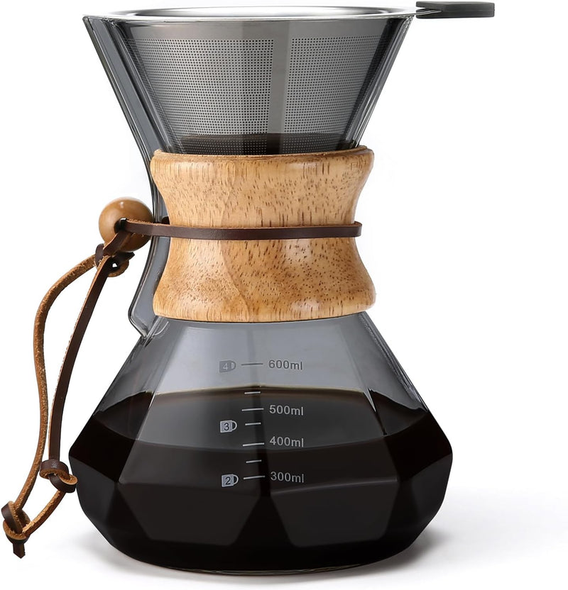 Lalord Pour Over Coffee Maker with Stainless Steel Filter, 20 oz Borosilicate Glass Coffee Carafe, Wooden Collar, Coffee Maker Carafe, Hold 3-4 Cups, 600 ml, Clear