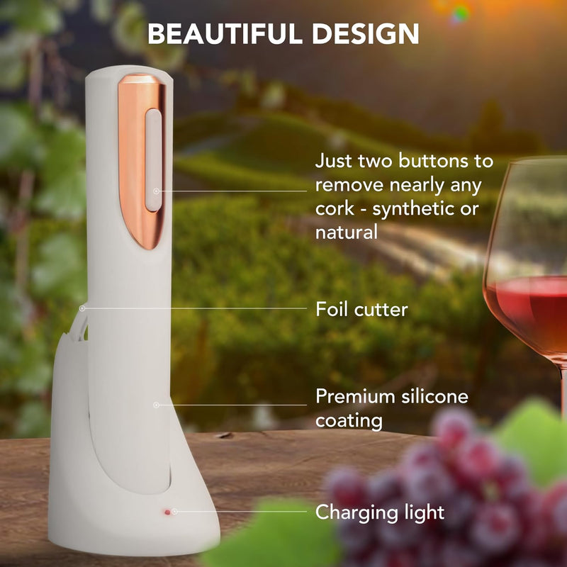 Vin Fresco Electric Wine Opener Rechargeable with Charging Base & Foil Cutter - Automatic Wine Bottle Opener - Electric Corkscrew Wine Opener - Wine Gift for Wine Lovers (White & Rose Gold)