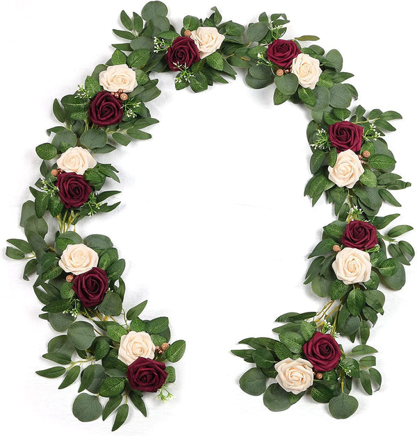 Burgundy Roses  Eucalyptus Wedding Garland - Artificial Floral Decor for Table  Arch