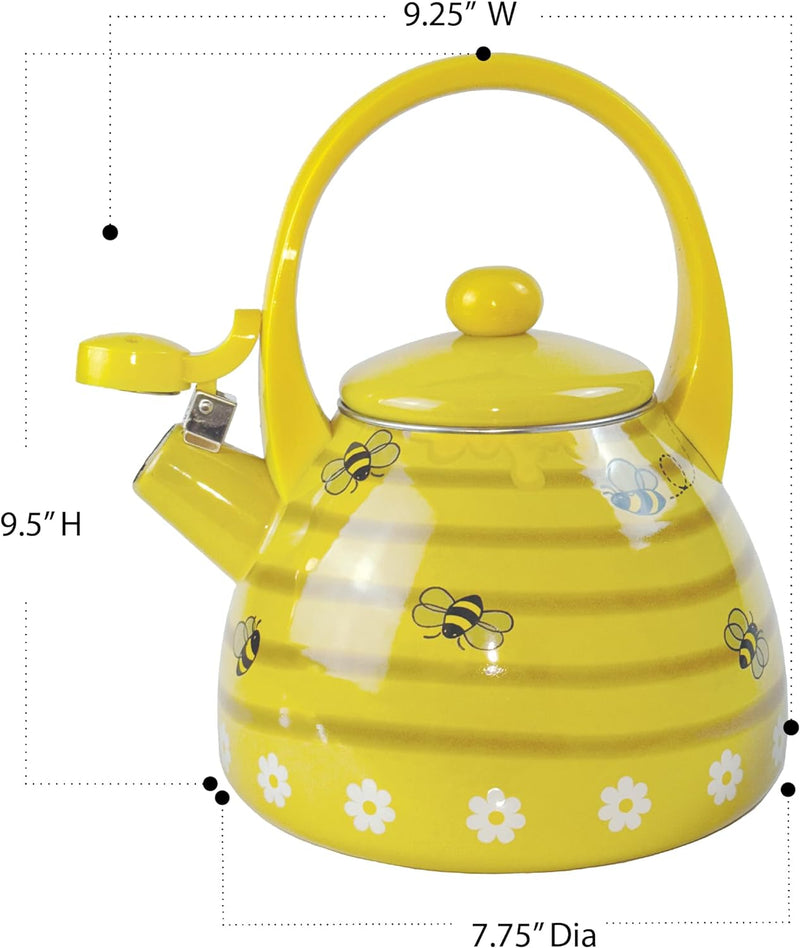 Trenton Gifts Bee Hive Design Enamel Tea Kettle - Whistling Stove Top Teakettle, Cute Kitchen Accessories 2.3 Quart