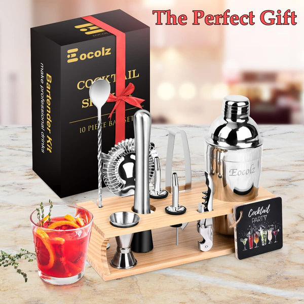 Bartender Kit Cocktail Shaker Set with Stand Bar Tool Bar Set for Drink Mixing Home Bartending Kit 11-Piece Bar Cart Accessories: Martini Shaker, Mixer Spoon, Jigger, Muddler, Strainer & Recipes Gifts