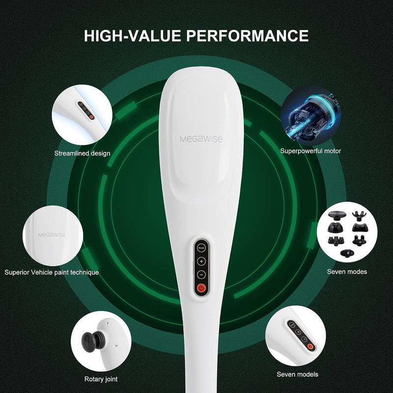 MEGAWISE CORDLESS Handheld Back Massager w/ Rechargeable 3200mAh Battery, 5 Speed and 5 +2 Massage Nodes with hard, medium and 2 soft silicone Nodes; Massage while moving around (Perarl White)