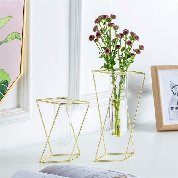 Modern Frame Cylinder Vases - Gold Glass Set of 2 with Geometric Metal Stand - HomeOfficeWedding