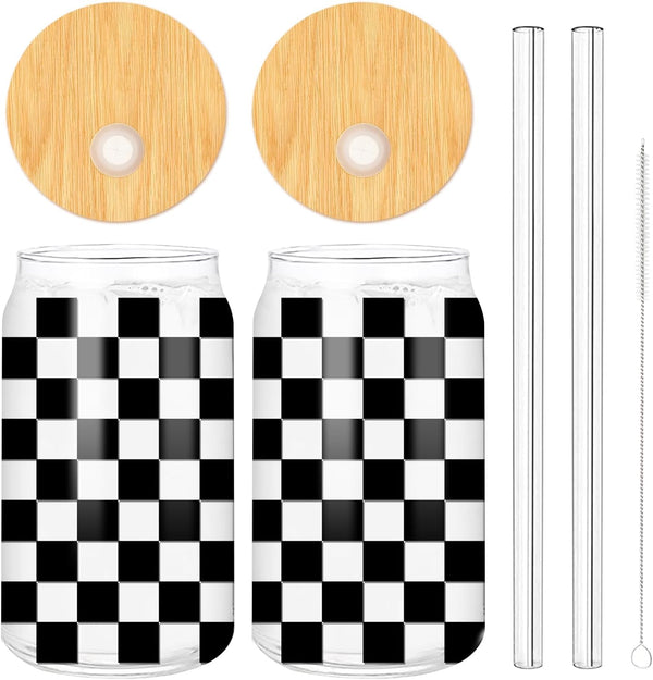 Whaline 2 Pack Checkered Drinking Glasses 16oz Black Checkered Glasses Cup Ice Coffee Cup with Bamboo Lid Glass Straw Cleaning Brush for Race Car Party Drink Decoration Gifts