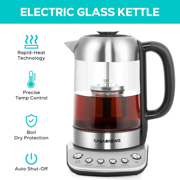 CASABREWS Electric Tea Kettle, 1500W Stainless Steel Electric Kettle with Temperature Control, 1.7L Tea Maker Machine with Dry-Boil Protection and Infuser for Loose Tea, 1H Keep Warm, Gift for Mom Dad