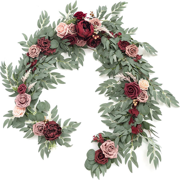 Artificial Eucalyptus Garland with Flowers 6FT, Wedding Table Garland with Flowers Mantle Decor Handcrafted Wedding Centerpieces for Dinner Bridal Shower | Burgundy & Dusty Rose