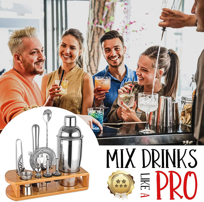 Cocktail Shaker Set Bartender Kit : 12-Piece Bar Tool Set with Bamboo Stand | Bar Set with All Practical Bar Accessories, for Drink Mixing, Bar, Home, Lounge & Party (Silver)