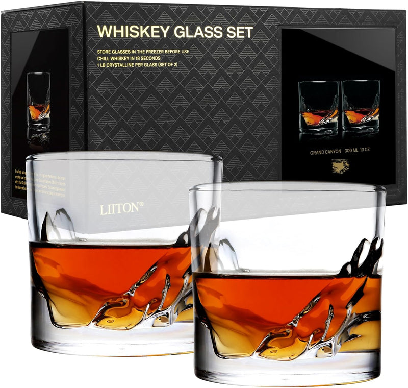 LIITON Grand Canyon Crystal Bourbon Whiskey Glasses Gift Set of 4, Heavy Freezable Old Fashioned Cocktail Glass Tumbler, Premium Luxury Gift for Men, Groomsman, 10 oz