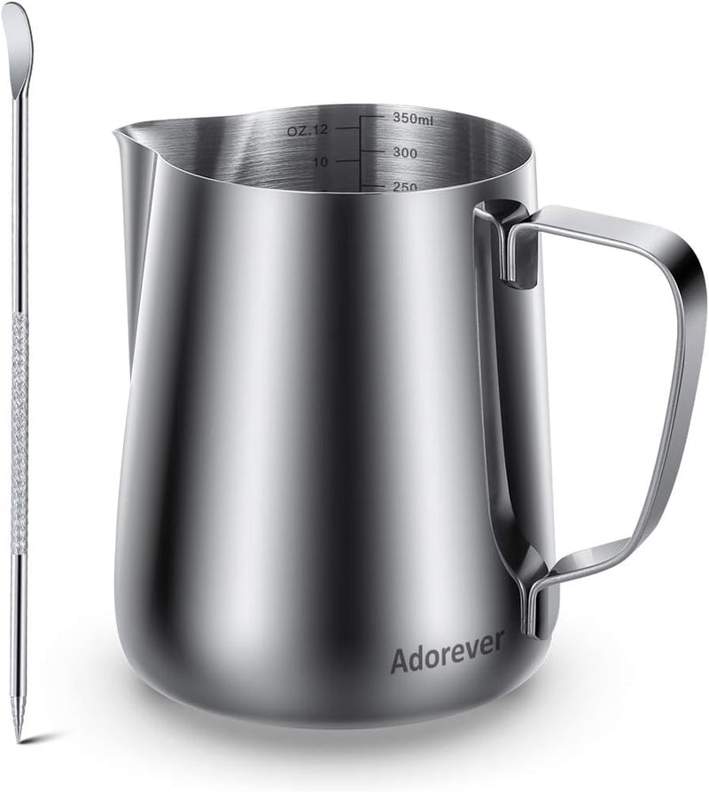 Milk Frothing Pitcher 350ml/600ml/900ml/1500ml (12oz/20oz/32oz/50oz) Steaming Pitchers Stainless Steel Milk/Coffee/Cappuccino/Latte Art Barista Steam Pitchers Milk Jug Cup with Art Pen,12oz