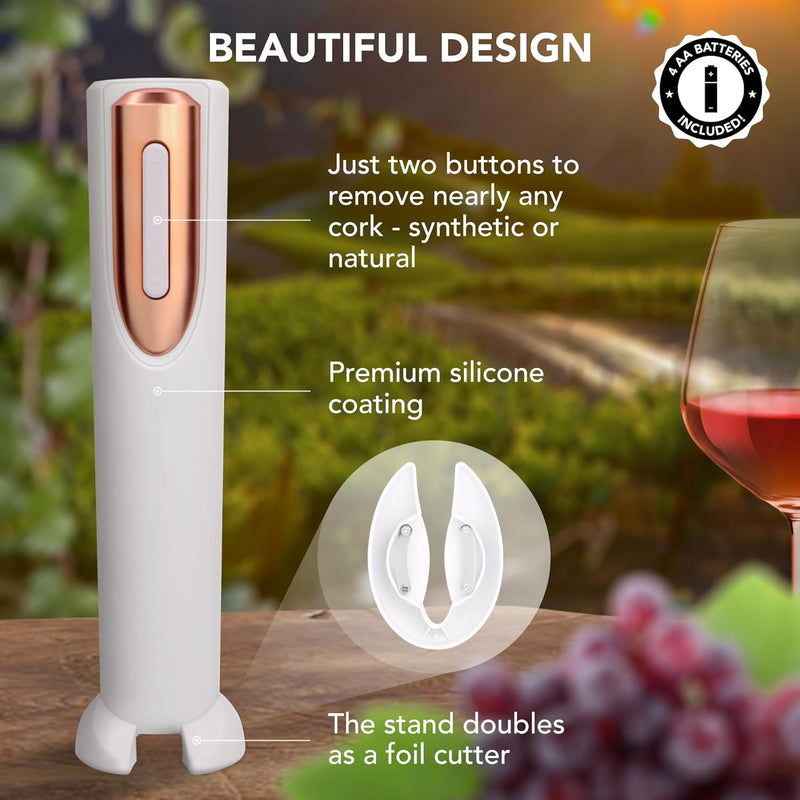 Vin Fresco Electric Corkscrew Wine Bottle Opener with Stand, Built-in Foil Cutter | Wine Opener Electric, Gift for Wine Lovers (White & Rose Gold)