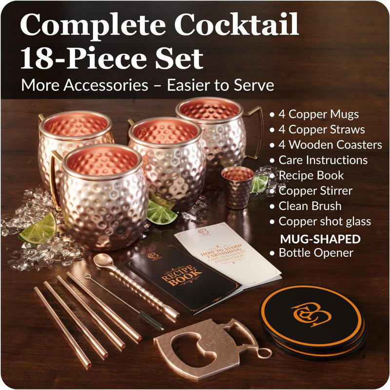 Moscow Mule Copper Mugs | Set of 4 Hammered Cups | 100% Handcrafted Pure Solid Copper | Gift Set with Cocktail Straws | Shot Glass | Coasters | Copper Stirrer & Beer Opener by Copper-Bar