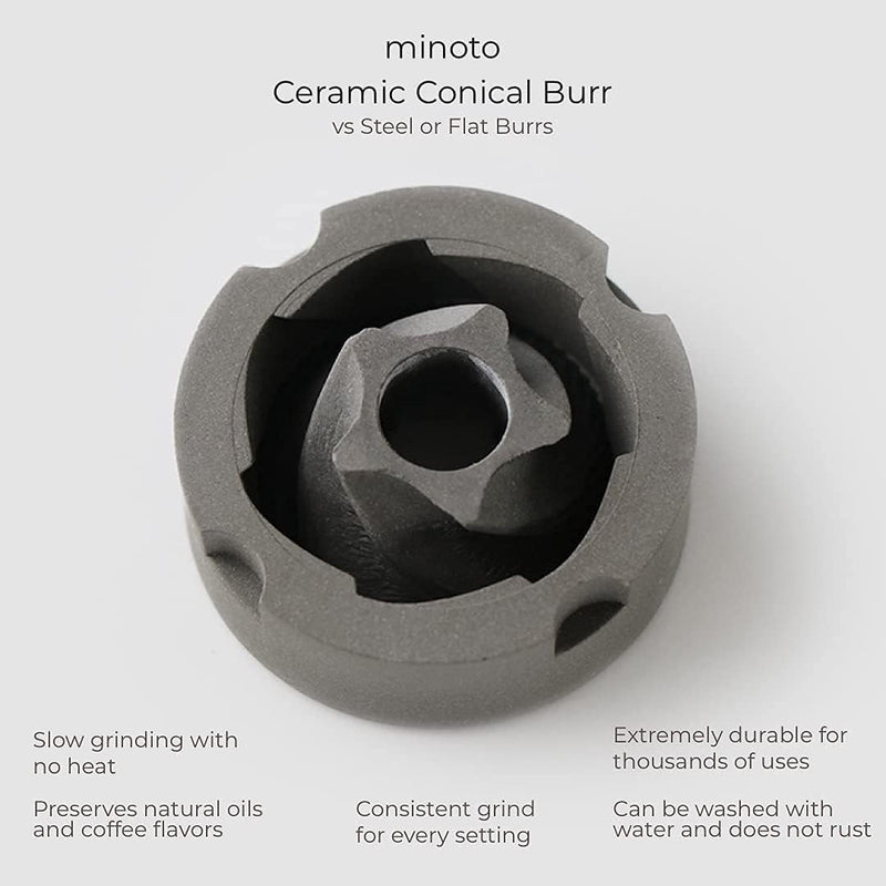 Minoto Electric Ceramic Conical Burr Coffee Grinder - 5 Adjustable Grind Settings - Whole Bean Mill for Aeropress, Drip Coffee, Espresso, French Press, Cold Brew - Portable & Travel Friendly