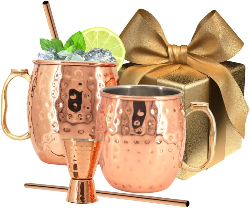 Kitchen Science [Gift Set] Moscow Mule Mugs, Stainless Steel Lined Copper Moscow Mule Cups Set of 2 (18oz) w/Straws & Jigger. | Tarnish-Resistant Stainless Steel Interior (Set of 2)