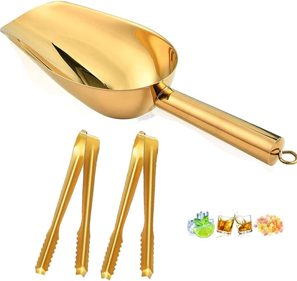 Stainless Steel Ice Scoop and Ice Tongs,8 oz Food Scoop Metal Ice Scooper&Buffet Clip 6 inch for Home Bar Buffet Wedding Canisters, Easy Clean & Durable (gold)3PCS