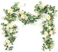 2 Pack Eucalyptus Garland with Roses, Champagne Flower Garland Artificial Silk Floral Vines Eucalyptus Leaves Vines for Wedding Party Table Mantle Wall Home Room Decor.