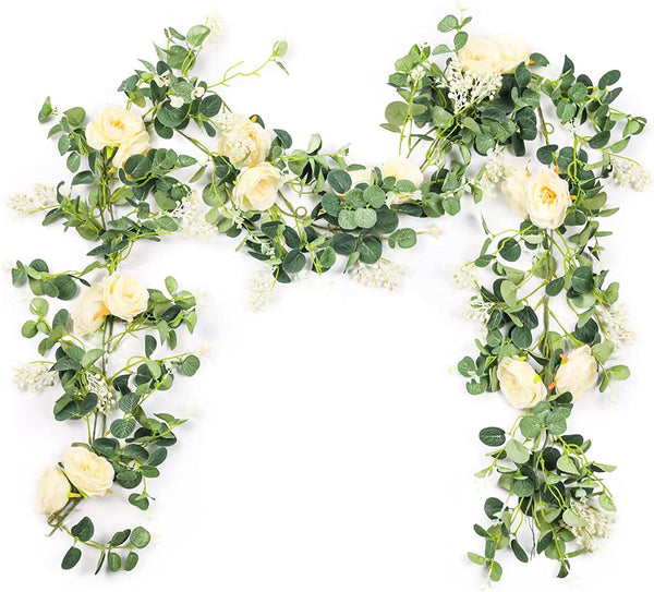 2 Pack Eucalyptus Garland with Roses, Champagne Flower Garland Artificial Silk Floral Vines Eucalyptus Leaves Vines for Wedding Party Table Mantle Wall Home Room Decor.