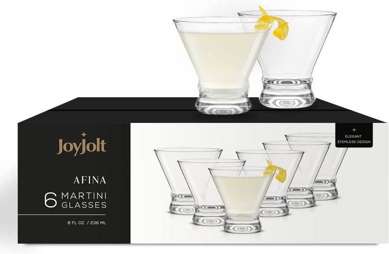 JoyJolt Martini Glasses Set of 6 - Cocktail Glasses - 8oz Stemless Martini Glasses - Margarita Glasses - Liquor Drinking Glasses - Bar glass - Glass Dessert Cups - Martini Glass Cups