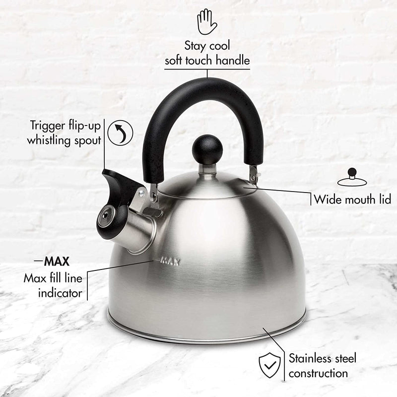 Primula Stewart Whistling Stovetop Tea Kettle Food Grade Stainless Steel, Hot Water Fast to Boil, Cool Touch Folding, 1.5-Quart, Brushed with Black Handle